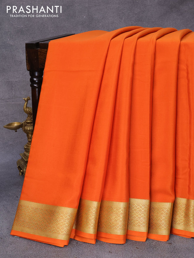Pure mysore silk saree rustic orange with plain body and zari woven border