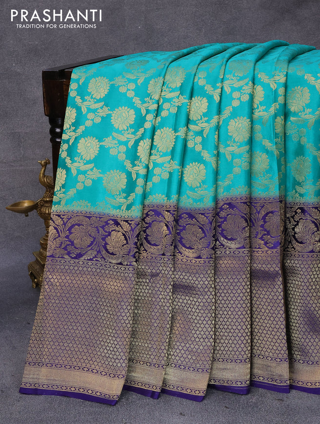 Pure mysore silk saree teal green shade and dark blue with allover zari woven floral brocade weaves and long floral zari woven border