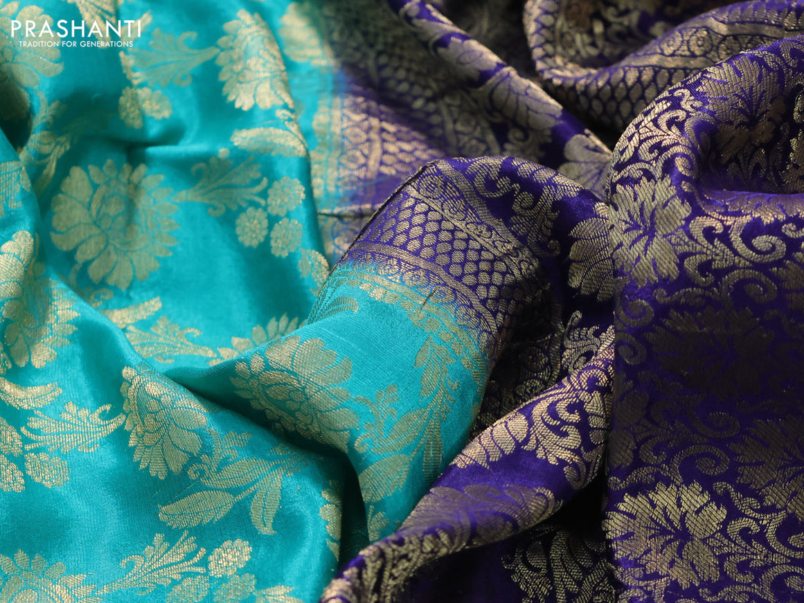 Pure mysore silk saree teal green shade and dark blue with allover zari woven floral brocade weaves and long floral zari woven border