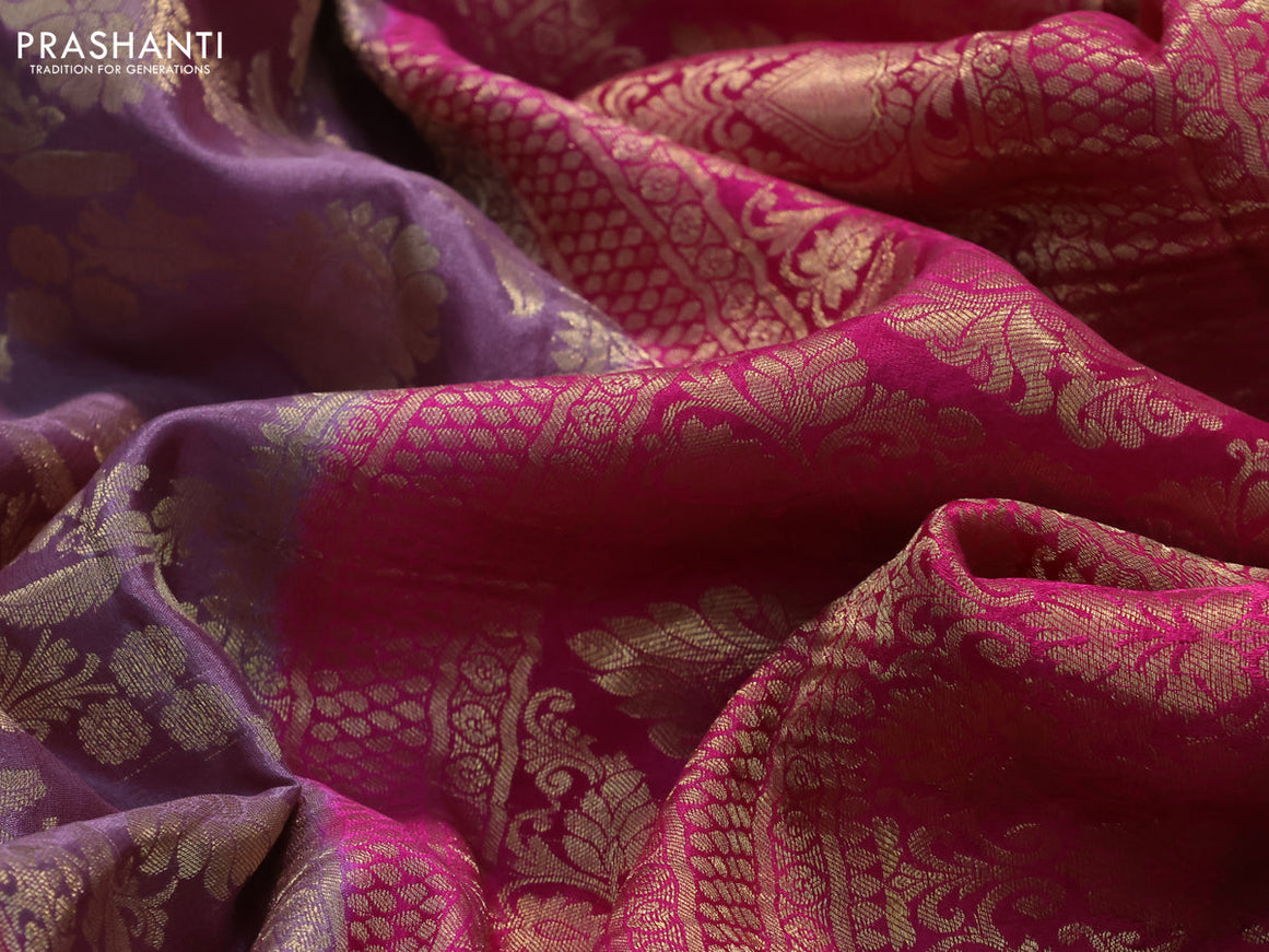Pure mysore silk saree grey shade and magenta pink with allover zari woven floral brocade weaves and long floral zari woven border