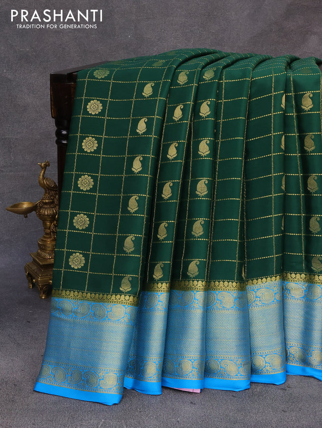 Pure mysore silk saree dark green and blue with allover zari checks & buttas and paisley zari woven border