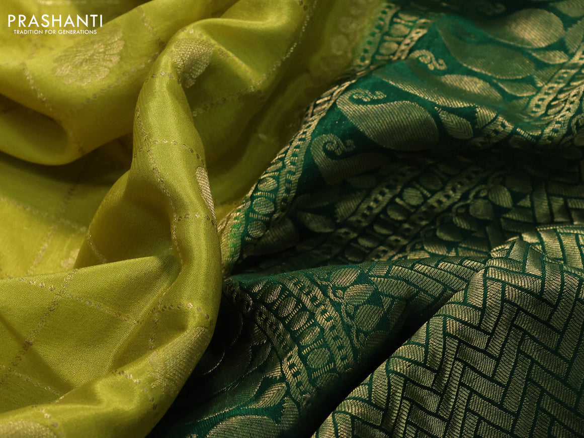 Pure mysore silk saree lime green and green with allover zari checks & buttas and paisley zari woven border