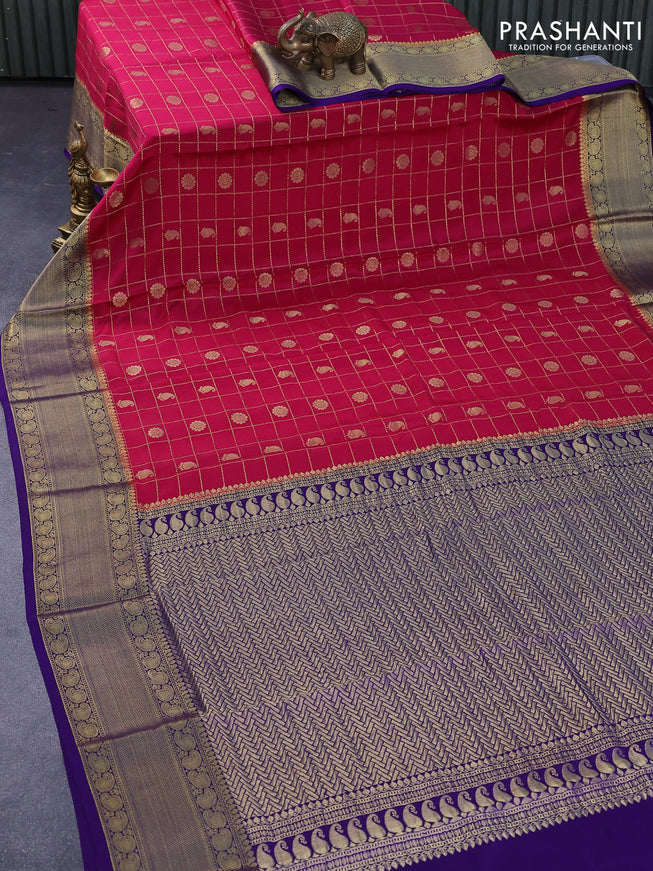 Pure mysore silk saree dark pink and violet with allover zari checks & buttas and paisley zari woven border