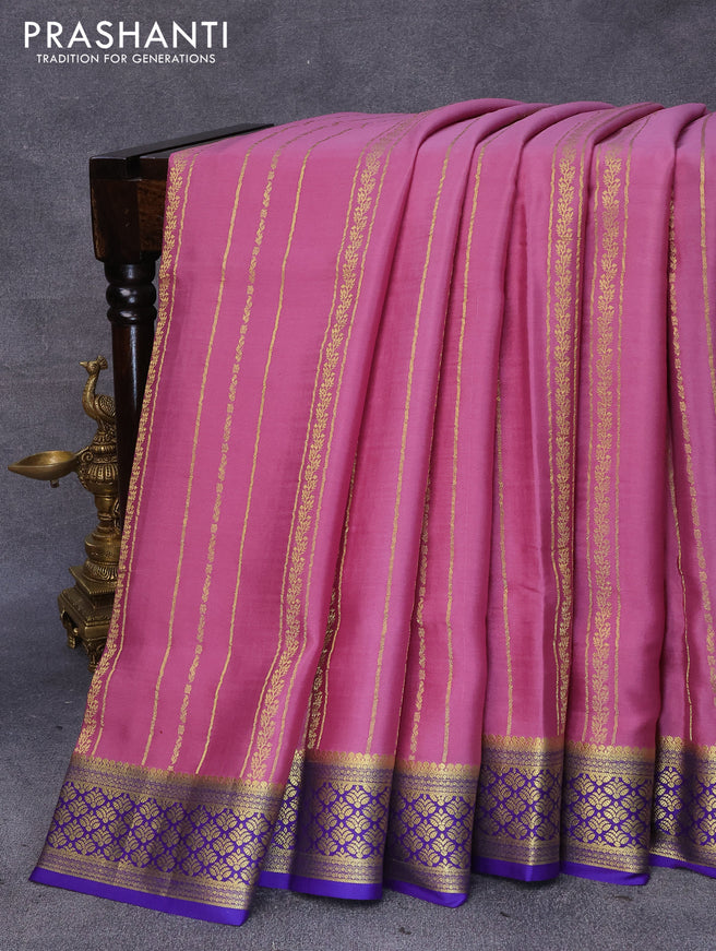 Pure mysore silk saree mauve pink and blue with allover zari weaves and zari woven border