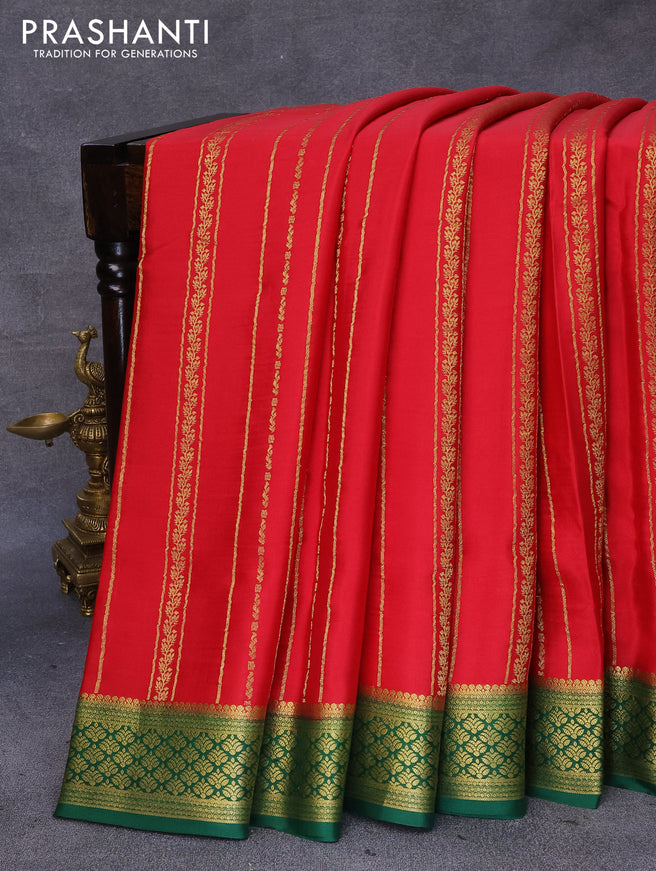 Pure mysore silk saree red and green with allover zari weaves and zari woven border