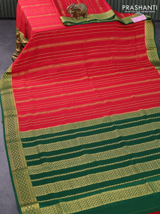 Pure mysore silk saree red and green with allover zari weaves and zari woven border