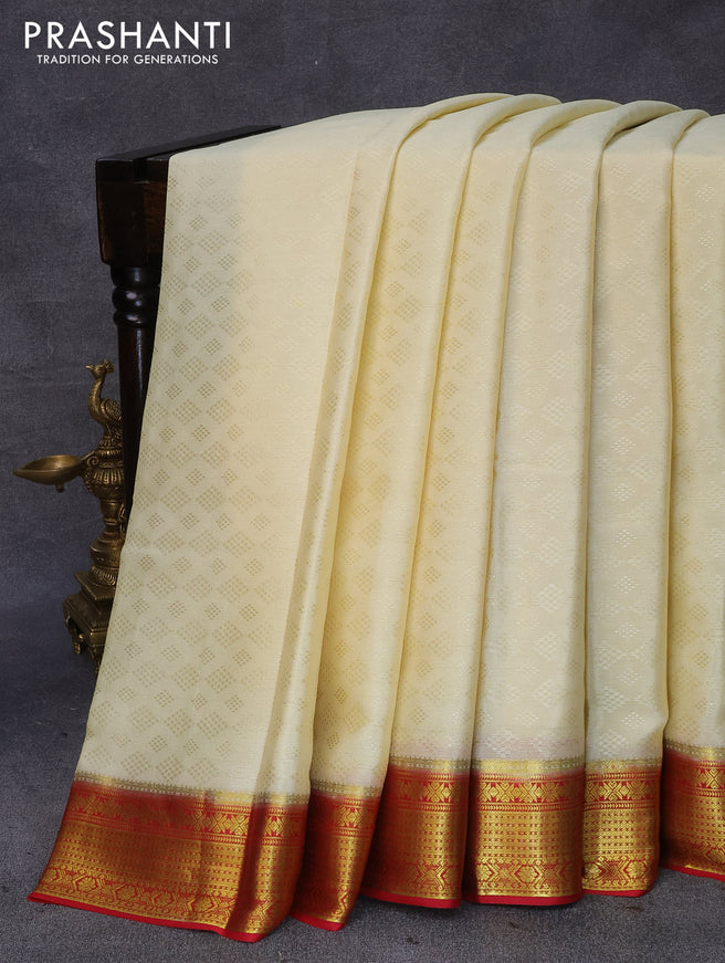 Pure mysore silk saree cream and red with allover self emboss and zari woven border