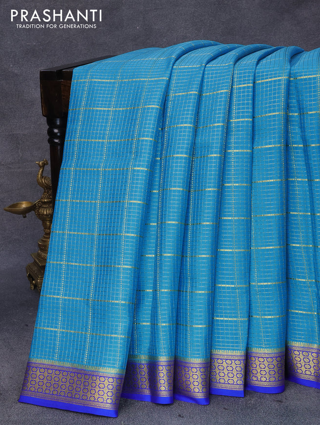 Pure mysore silk saree light blue and royal blue with allover zari checked pattern and zari woven border