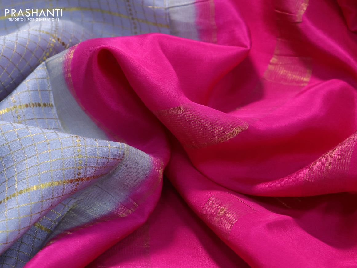 Pure mysore silk saree grey and pink with allover zari checked pattern and zari woven border