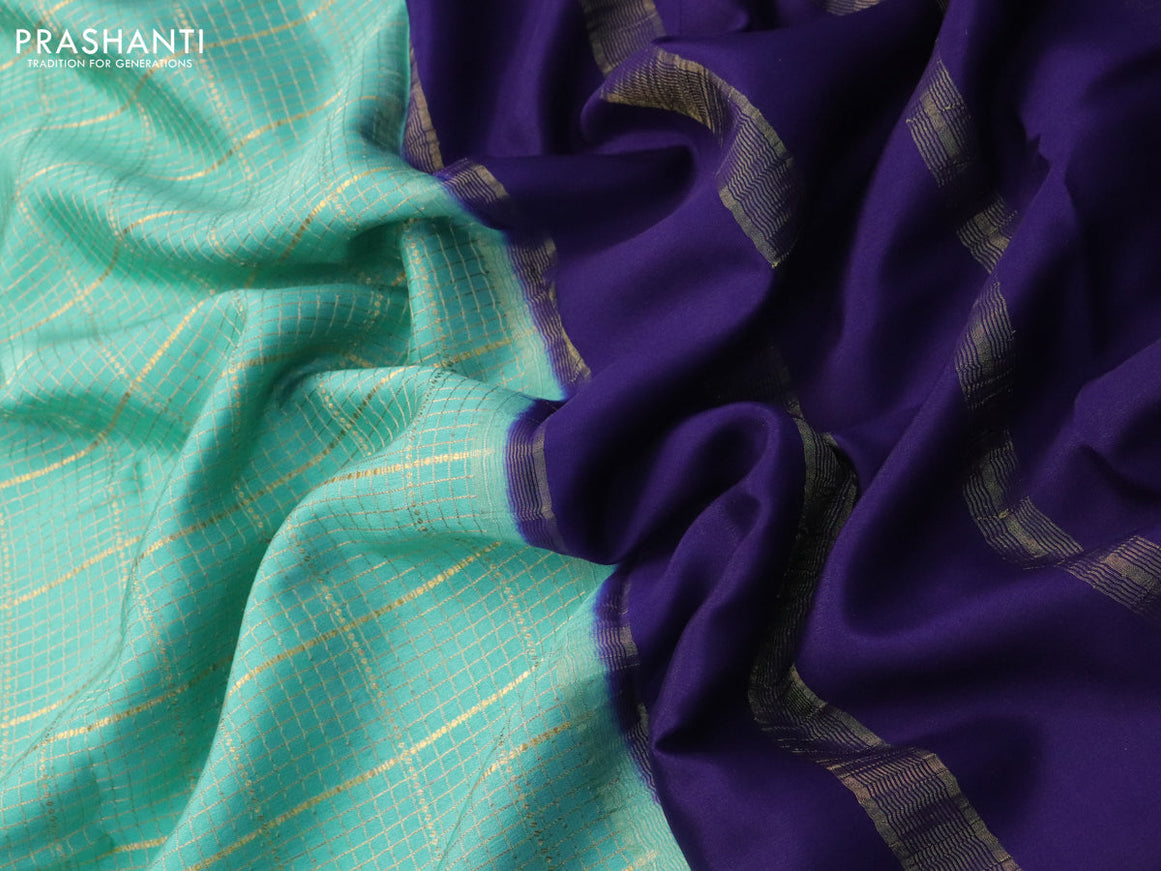 Pure mysore silk saree pastel blue shade and dark blue with allover zari checked pattern and zari woven border