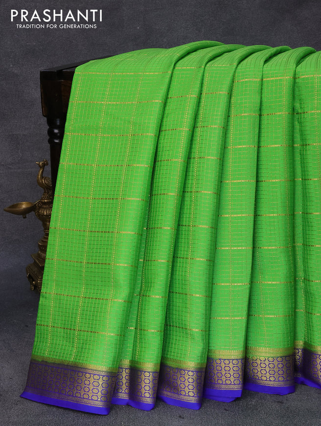 Pure mysore silk saree parrot green and blue with allover zari checked pattern and zari woven border
