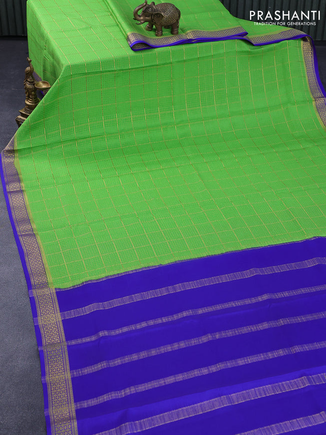 Pure mysore silk saree parrot green and blue with allover zari checked pattern and zari woven border