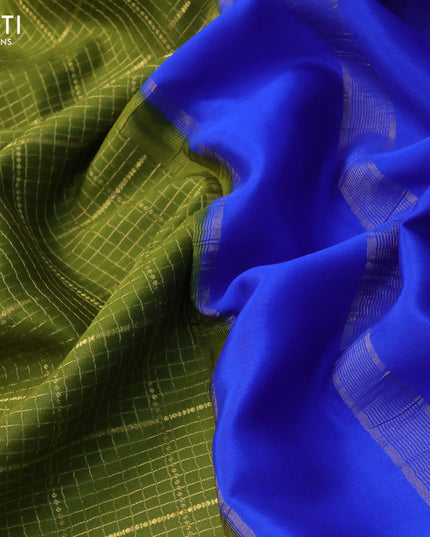 Pure mysore silk saree mehendi green and royal blue with allover zari checked pattern and zari woven border