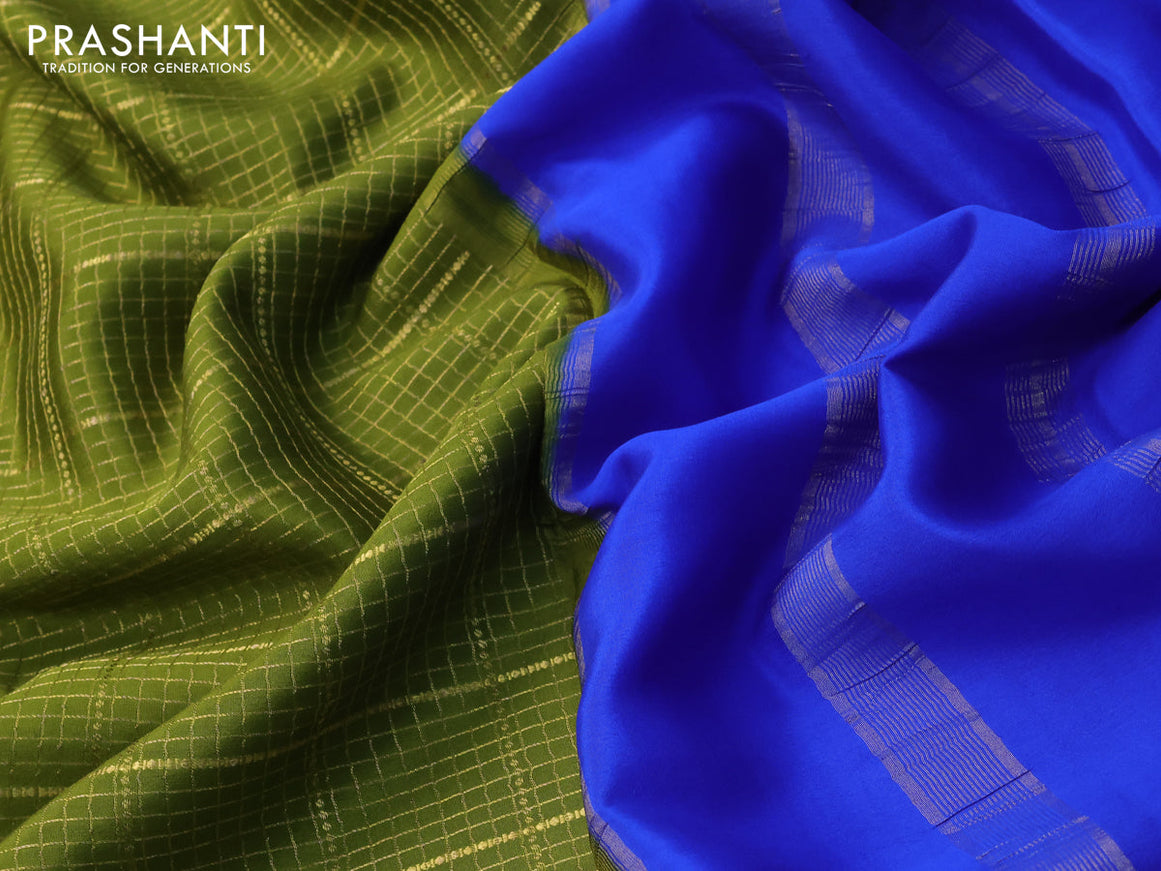 Pure mysore silk saree mehendi green and royal blue with allover zari checked pattern and zari woven border