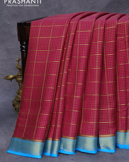 Pure mysore silk saree dark pink and cs blue with allover zari checked pattern and zari woven border