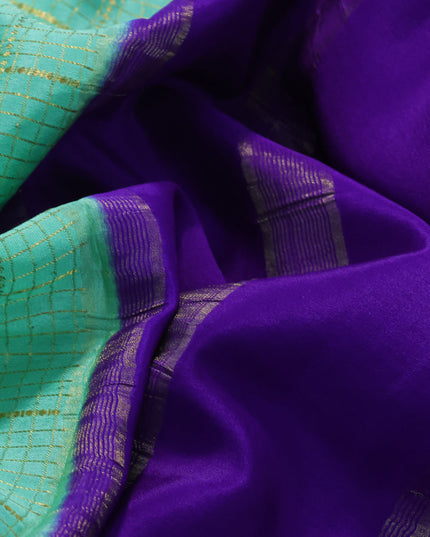 Pure mysore silk saree teal green shade and violet with allover zari checked pattern and zari woven border