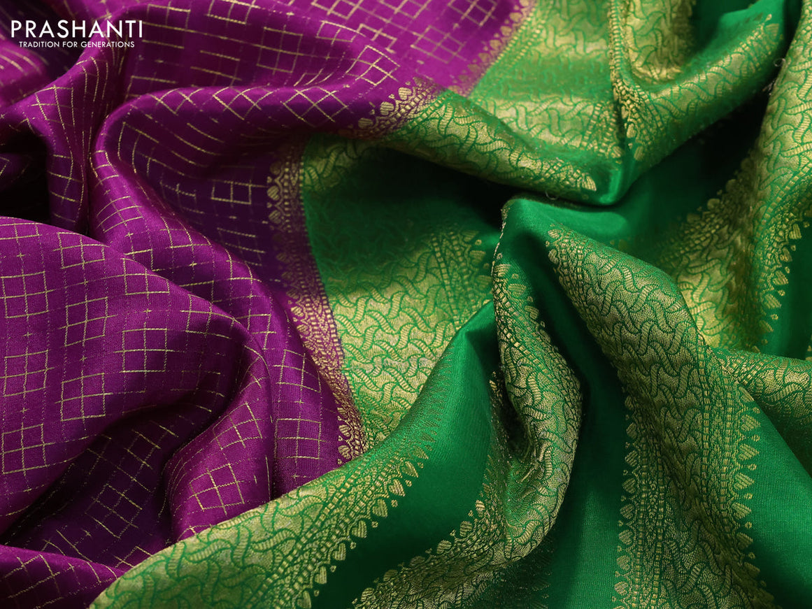 Pure mysore silk saree purple and green with allover zari woven geometric weaves and zari woven border