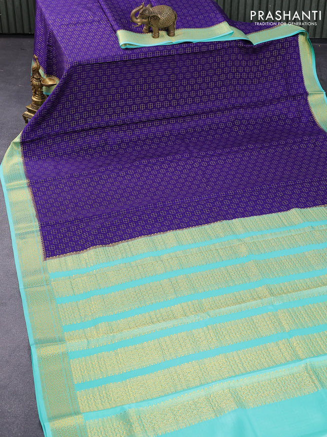 Pure mysore silk saree blue and teal blue with allover zari woven geometric weaves and zari woven border