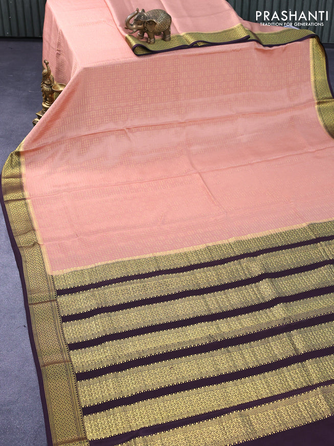Pure mysore silk saree pastel peach and coffee brown with allover zari woven geometric weaves and zari woven border