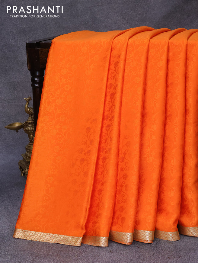Pure mysore silk saree orange with allover self emboss and zari woven border