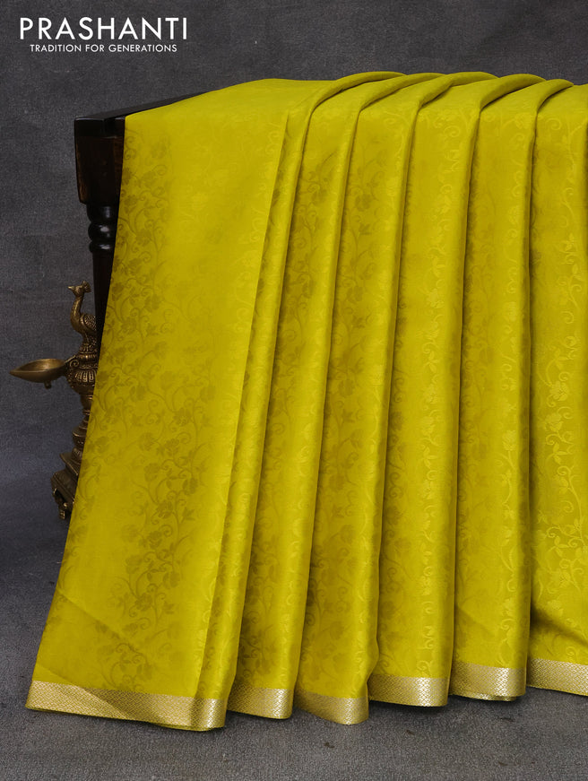 Pure mysore silk saree lime yellow with allover self emboss and zari woven border
