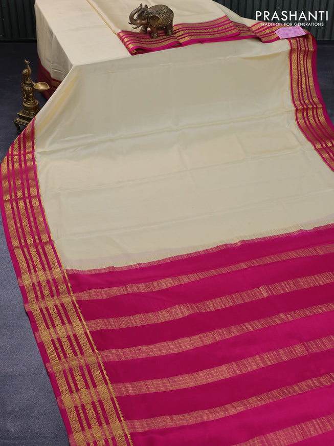 Pure mysore silk saree cream and pink with plain body and zari woven border