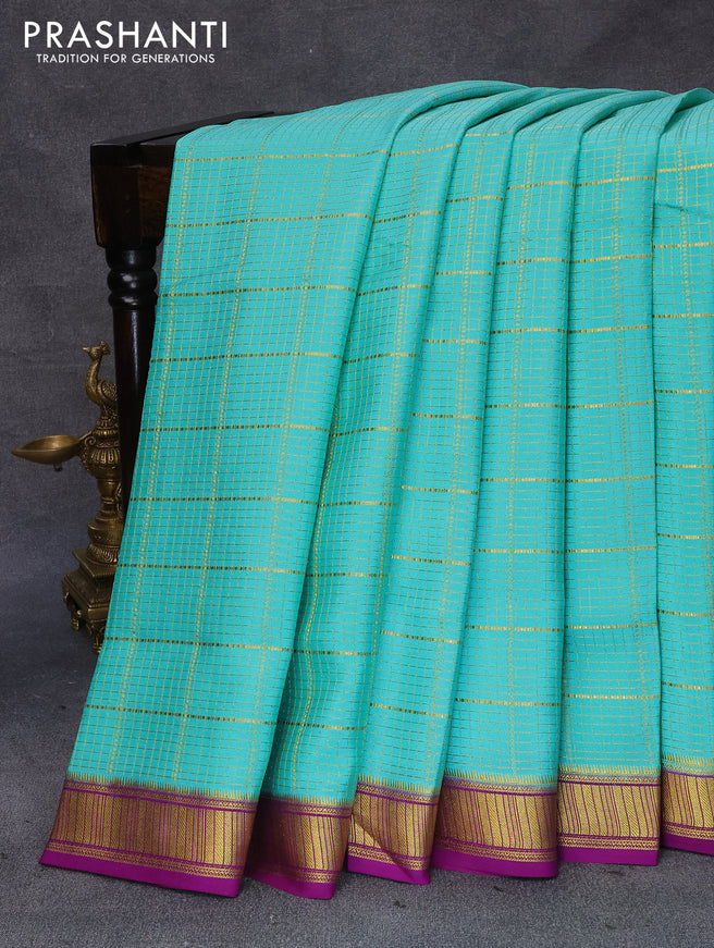 Pure mysore silk saree teal blue and purple with allover zari checked pattern and zari woven border