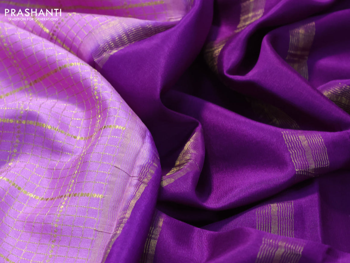 Pure mysore silk saree lavender and violet with allover zari checked pattern and zari woven border