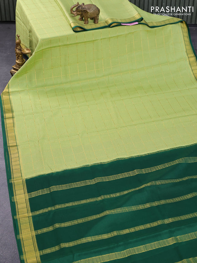Pure mysore silk saree pista green and green with allover zari checked pattern and zari woven border