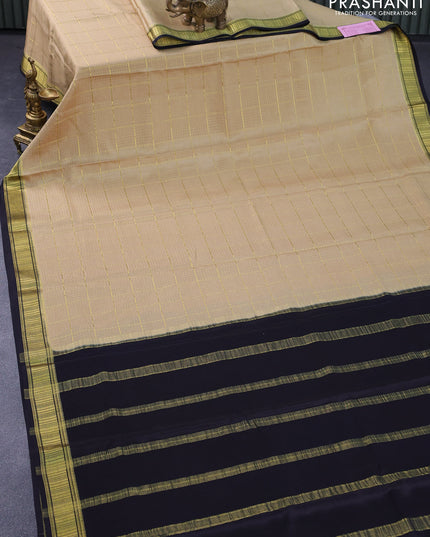 Pure mysore silk saree sandal and black with allover zari checked pattern and zari woven border