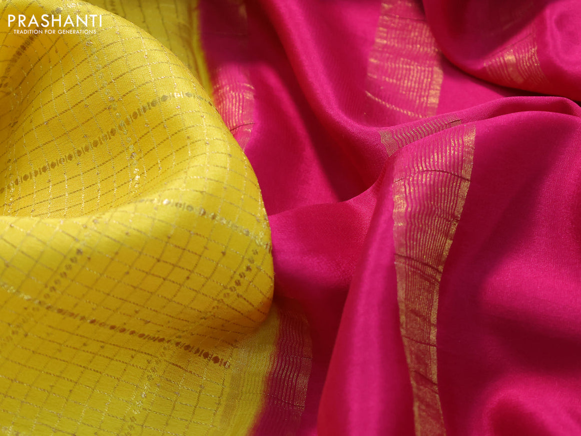 Pure mysore silk saree yellow and pink with allover zari checked pattern and zari woven border