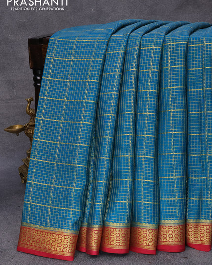 Pure mysore silk saree peacock blue and maroon with allover zari checked pattern and zari woven border