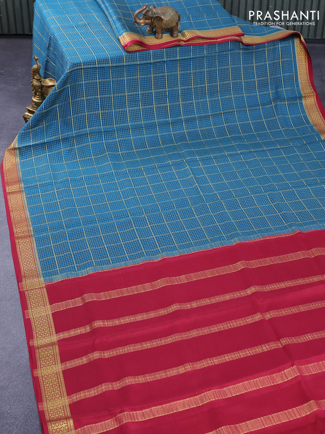 Pure mysore silk saree peacock blue and maroon with allover zari checked pattern and zari woven border