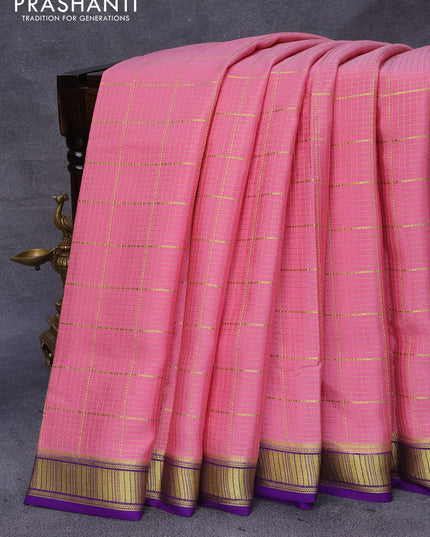 Pure mysore silk saree peach pink and violet with allover zari checked pattern and zari woven border