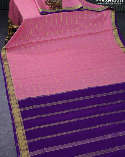 Pure mysore silk saree peach pink and violet with allover zari checked pattern and zari woven border