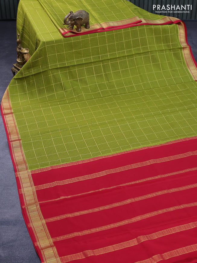 Pure mysore silk saree mehendi green and red with allover zari checked pattern and zari woven border