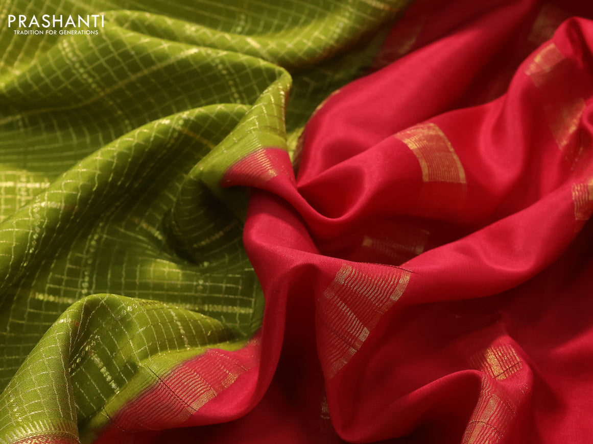 Pure mysore silk saree mehendi green and red with allover zari checked pattern and zari woven border