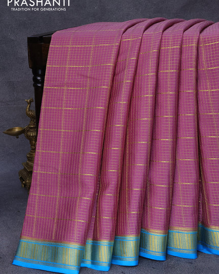 Pure mysore silk saree mauve pink and blue with allover zari checked pattern and zari woven border