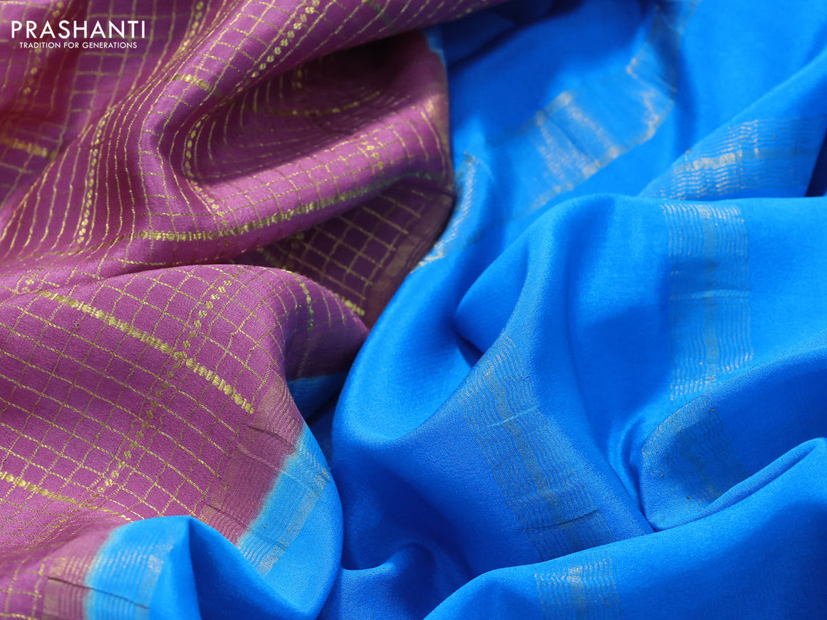 Pure mysore silk saree mauve pink and blue with allover zari checked pattern and zari woven border