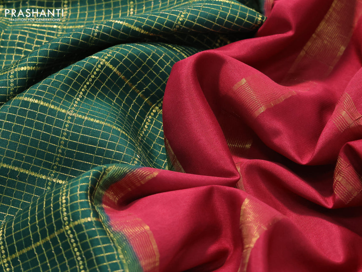 Pure mysore silk saree dark green and maroon with allover zari checked pattern and zari woven border
