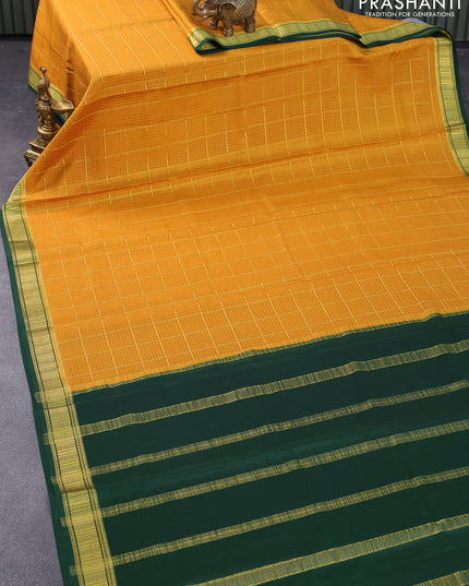 Pure mysore silk saree mustard yellow and dark green with allover zari checked pattern and zari woven border