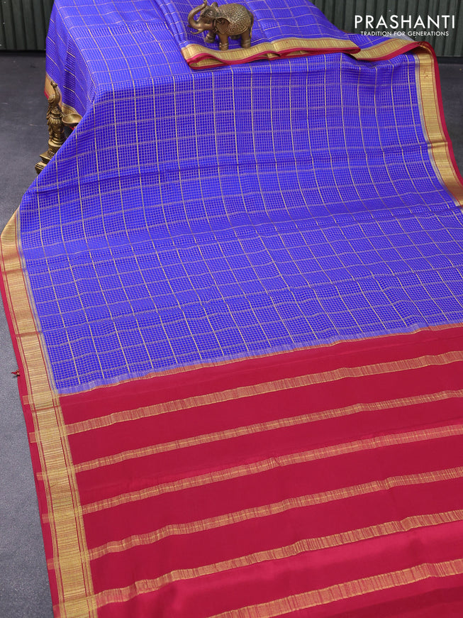 Pure mysore silk saree royal blue and maroon with allover zari checked pattern and zari woven border
