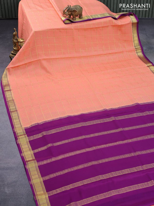 Pure mysore silk saree peach orange and purple with allover zari checked pattern and zari woven border