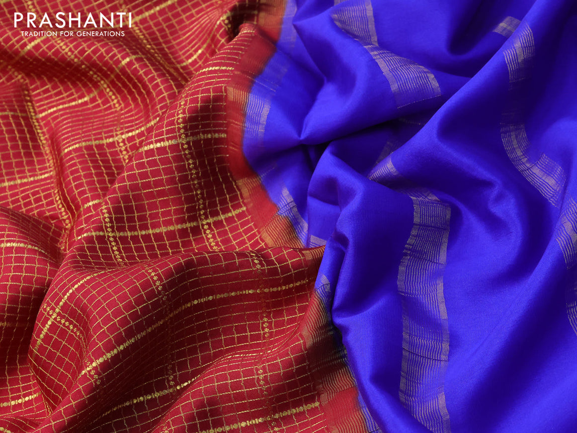 Pure mysore silk saree maroon and blue with allover zari checked pattern and zari woven border