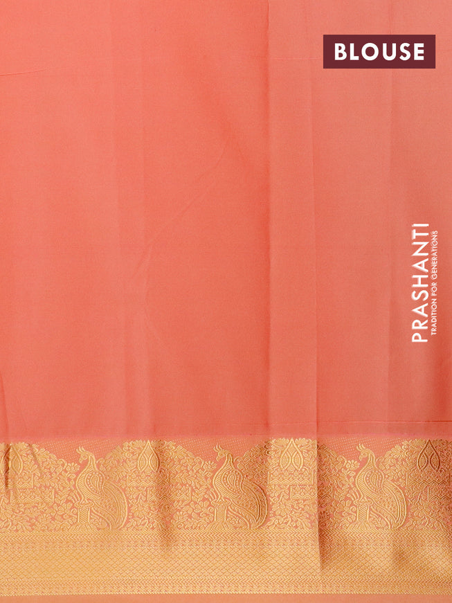 Semi kanjivaram silk saree pink and peach oeange with allover zari weaves & buttas and zari woven korvai border