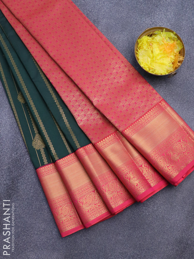 Semi kanjivaram silk saree bottle green and dual shade of pink with allover zari weaves and long zari woven korvai border