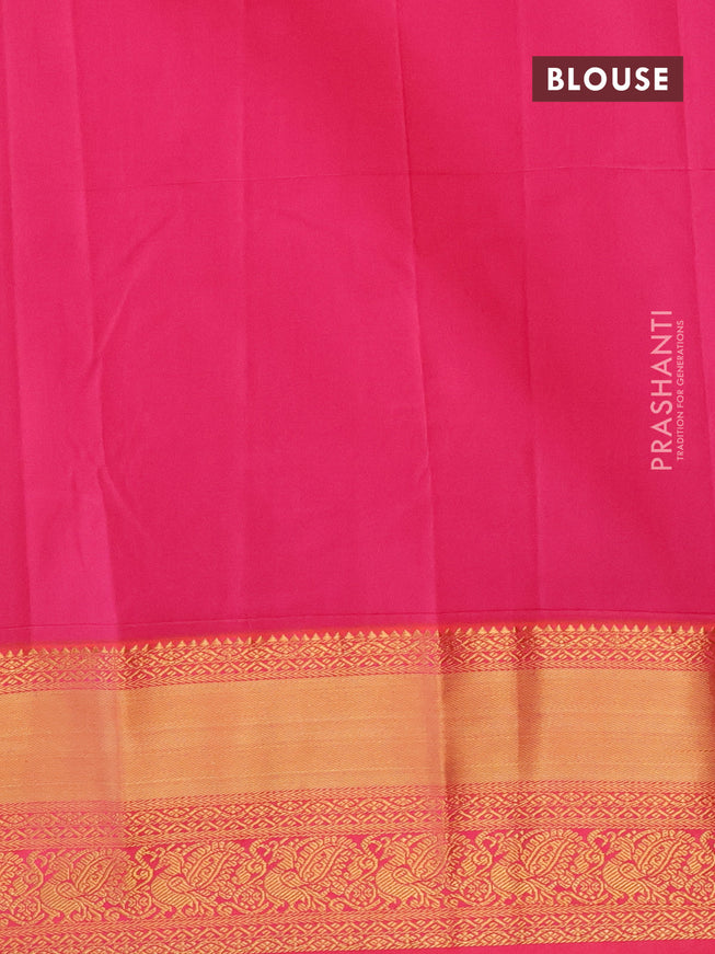 Semi kanjivaram silk saree bottle green and dual shade of pink with allover zari weaves and long zari woven korvai border