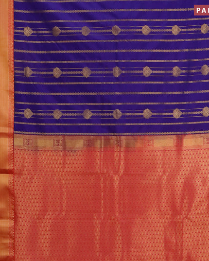 Semi kanjivaram silk saree blue and dual shade of pink with allover zari weaves and long zari woven korvai border