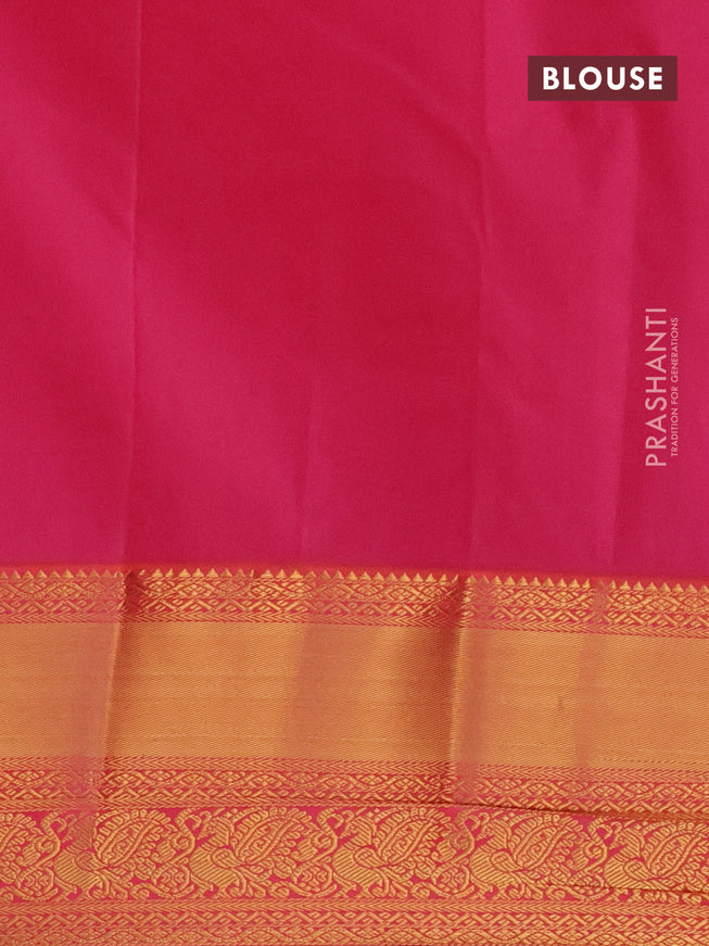 Semi kanjivaram silk saree teal blue and pink shade with allover zari weaves and zari woven korvai border