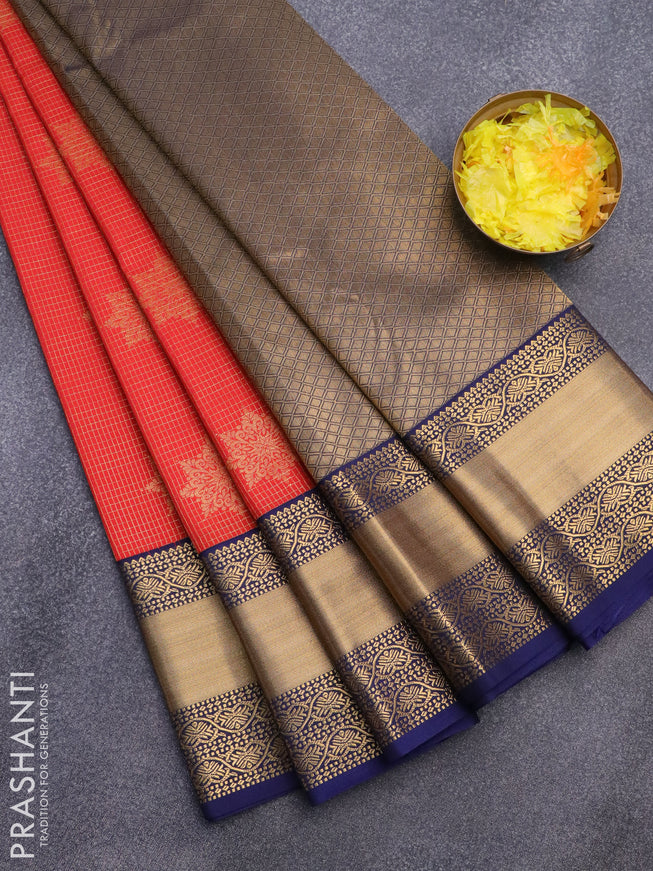 Semi kanjivaram silk saree orange and navy blue with allover zari checks & buttas and long zari woven korvai border